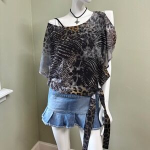 Y2K HeartSoul Animal Print One-Shoulder Tie Blouse –‎ Sheer Asymmetrical Top